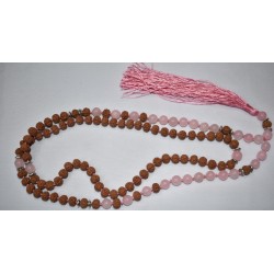 108 Beads Prayer long Necklace-rose quartz  and Rudraksha